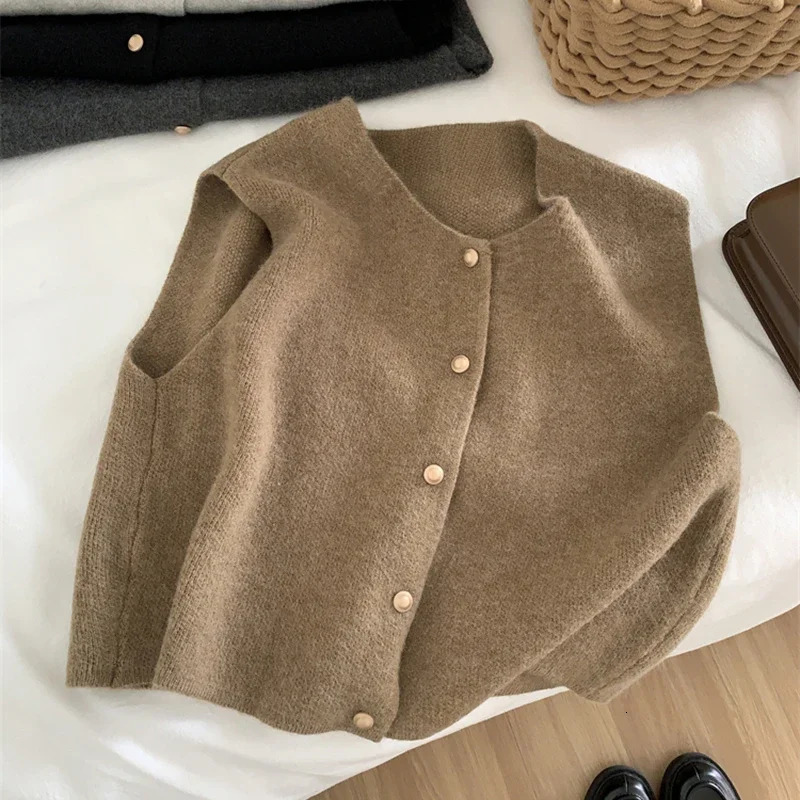 Autumn Knitted Cardigan Women Korean Elegant Sleeveless Sweater Tanks Casual Fashiona Slim Female Tops Gray Vest 241121