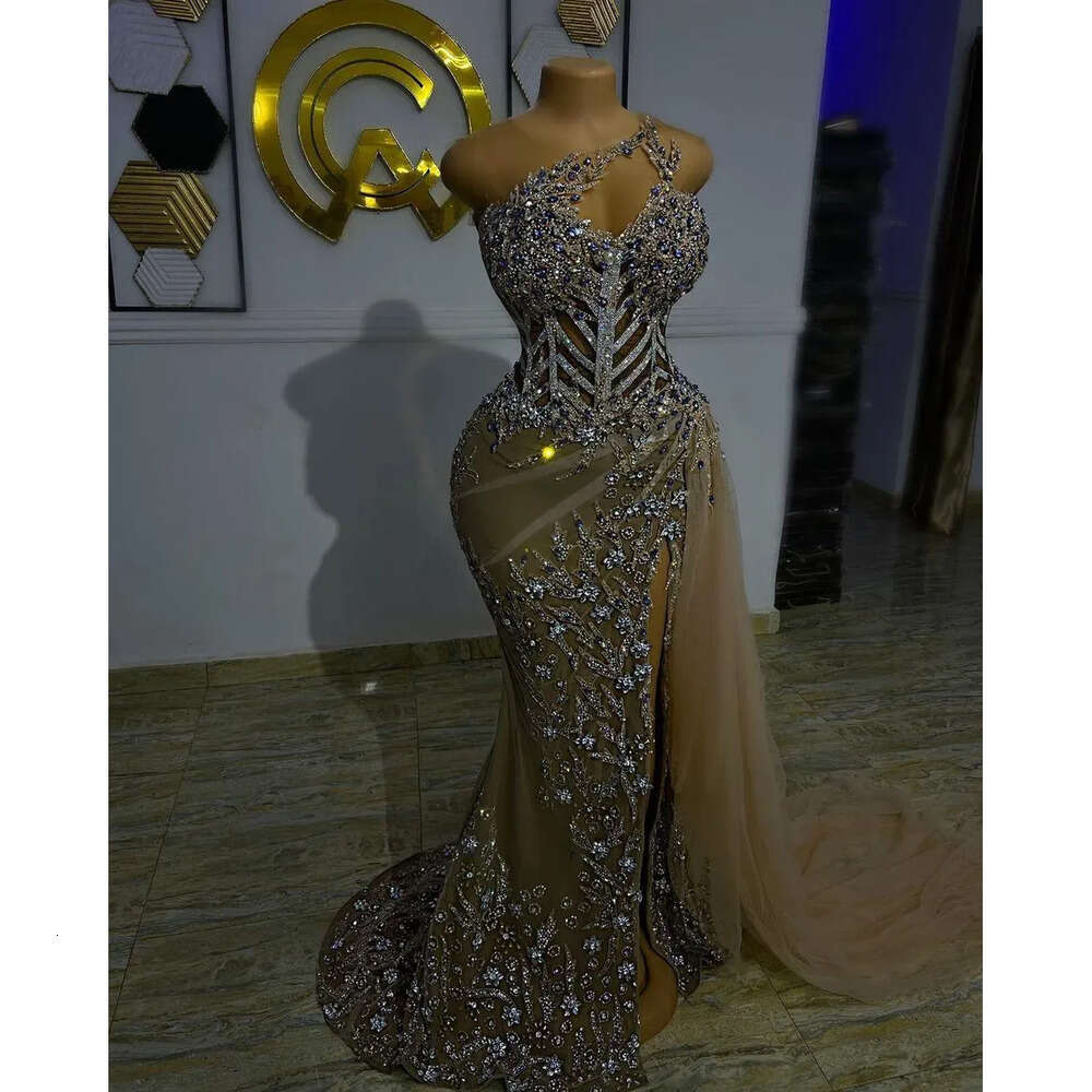 Ebi Arabic Aso Plus Size Gold Urious Mermaid Prom Dresses Beaded Crystals Evening Formal Party Second Reception Birthday Engagement Gowns Dress Bc 666