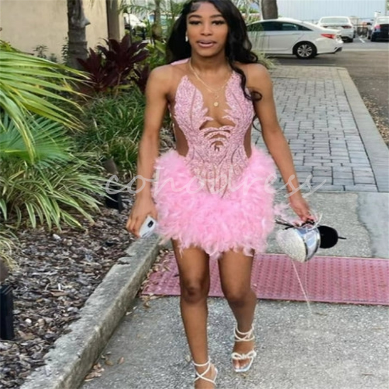 Amazing Pink Feather Prom Dresses For Black Girls Luxury Crystal Short Evening Dress Baddie Birthday Party Gowns Chic Homecoming Graduation Dinner Dre