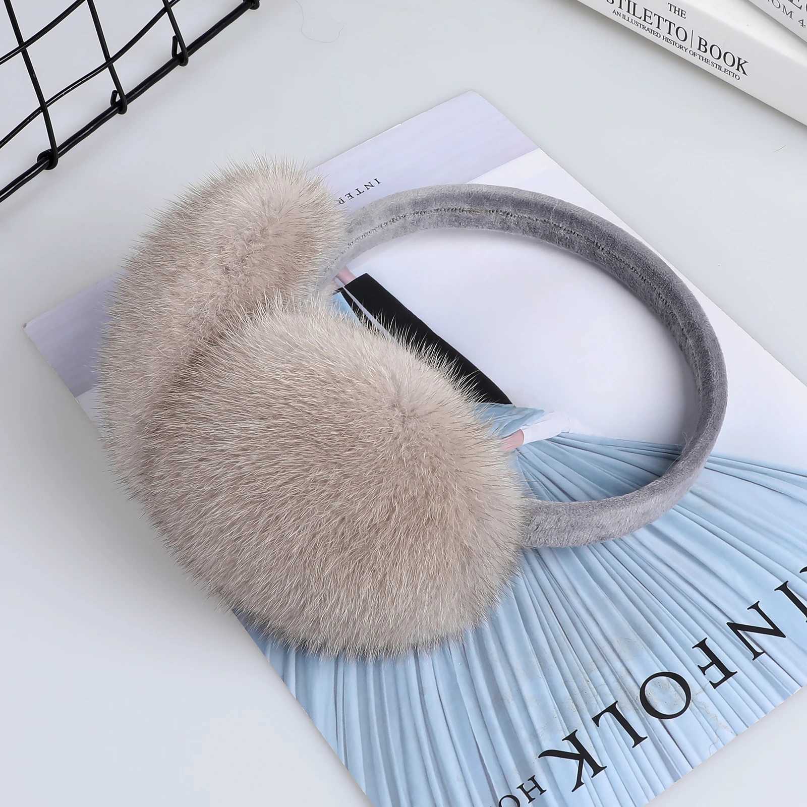 Luxury winter fashion unisex leather mink earmuffs with velvet straps womens foldable earmuffs ear warmers genuine fur earmuffs W241126