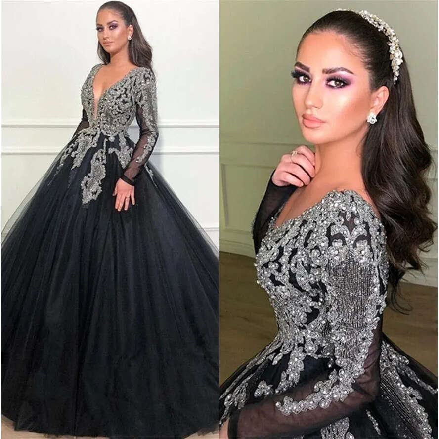 Arabic Black Sheer Evening Dresses Long Sleeve Beaded Stones Formal Party Gowns