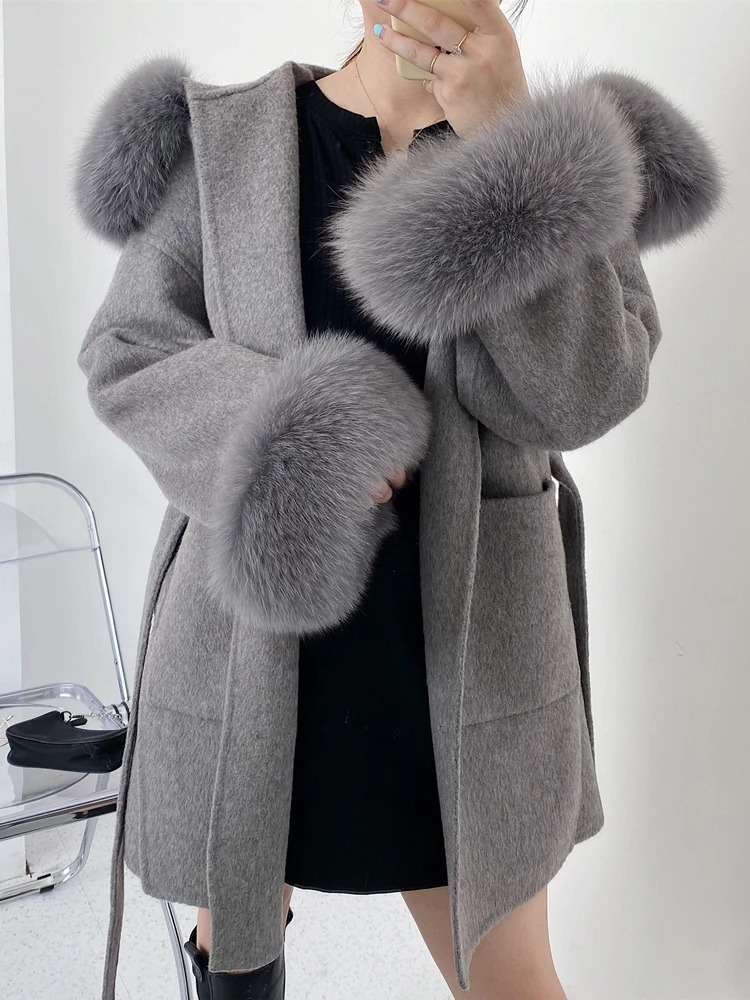 2023 Real Fur Coat Oversize Ladies Outerwear Winter Jacket Women Natural Collar Cuffs Hood Cashmere Wool Woolen 241120