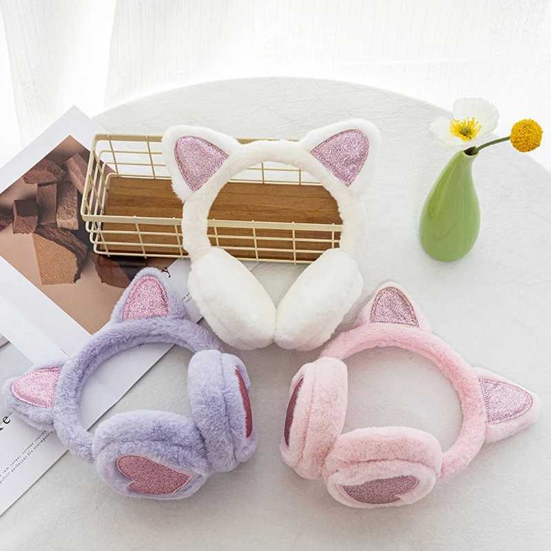 Cute Glitter Cat Ear Earmuff Soft Plush Warmer Winter Warm For Women Men Fashion Solid Earfl Outdoor Cold Protection Ear CoverXJ241126