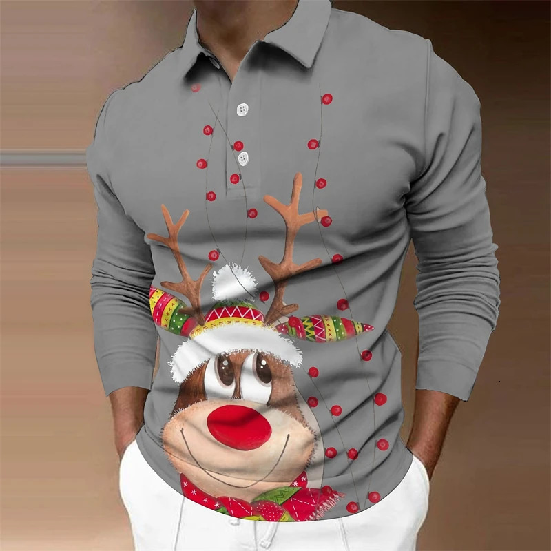 Cute Elk Pattern Polo Shirt For Men Fashion Autumn Long Sleeve Mens 3D Printed Christmas T-shirt Loose Casual Harajuku Tops 241126