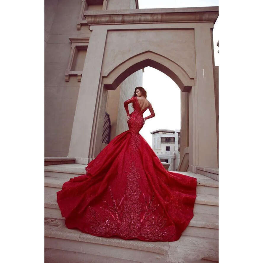 Mermaid Prom Red High Side Split Evening Dress Sexy Long Sleeve Open Back Off Shoulder Appliqued Formal Party Gowns