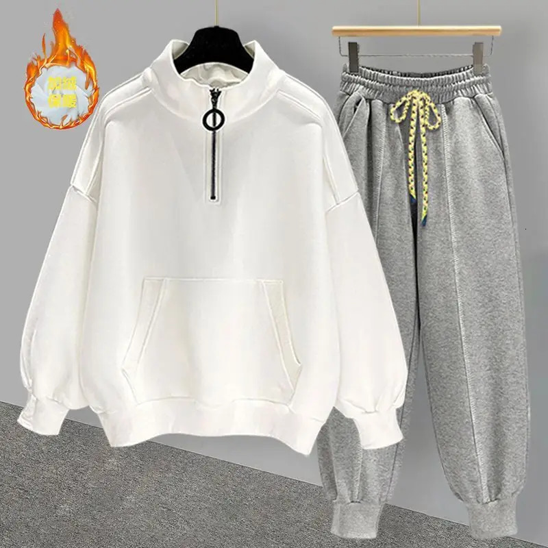 Hip Hop Half Neck Sweatshirt Set Autumn Winter Trend Versatile Zipper Plush Thick Coat Slow Running Pants Mens Street Clothing 241126