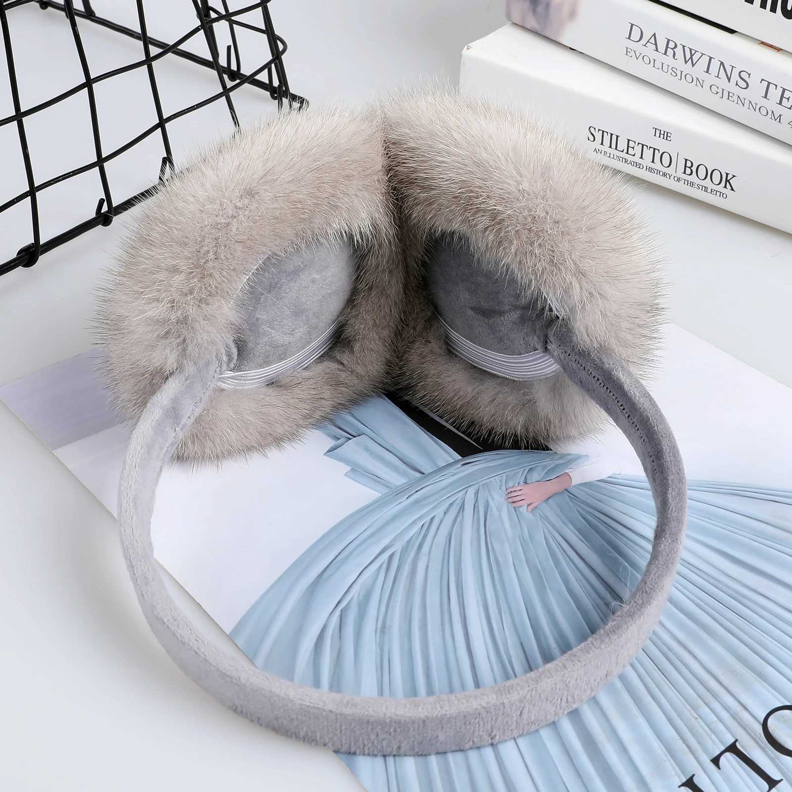Luxury winter fashion unisex leather mink earmuffs with velvet straps womens foldable earmuffs ear warmers genuine fur earmuffs W241126