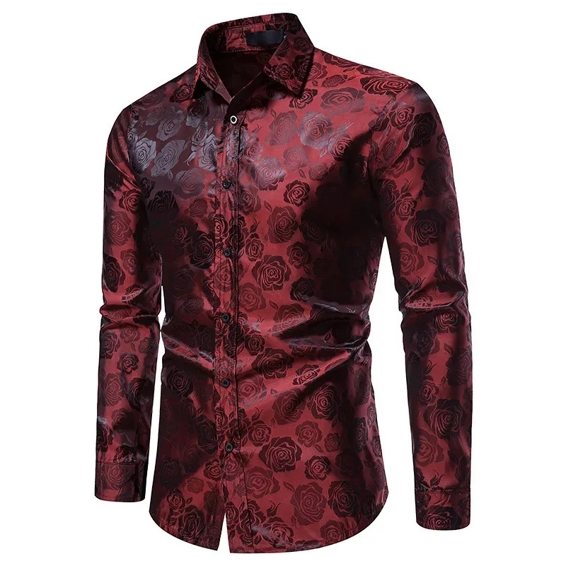 Black rose print mens shirt long sleeved floral paisley silk business party wedding shirt mens clothing chemical men 241125
