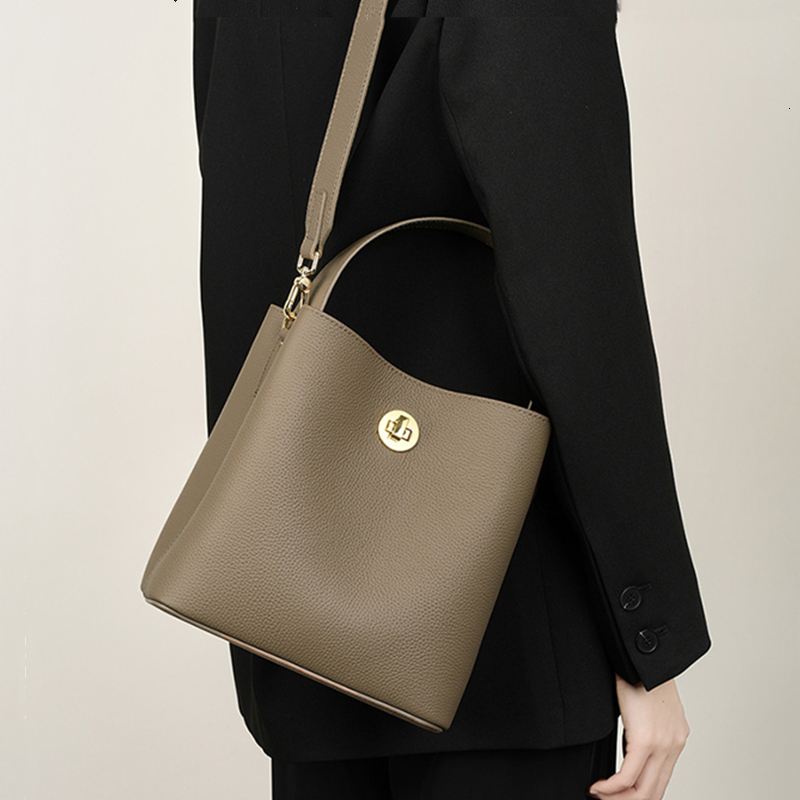 Toptrends Cowhide Genuine Leather Bucket Small Shoulder Bags For Women New 2024 Designer Crossbody Purses Ladies Handbags