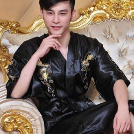 Navy Blue Chinese Mens Satin Silk Robe Embroidery Kimono Bath Gown Dragon Size S M L XL XXL XXXL S0008 240812