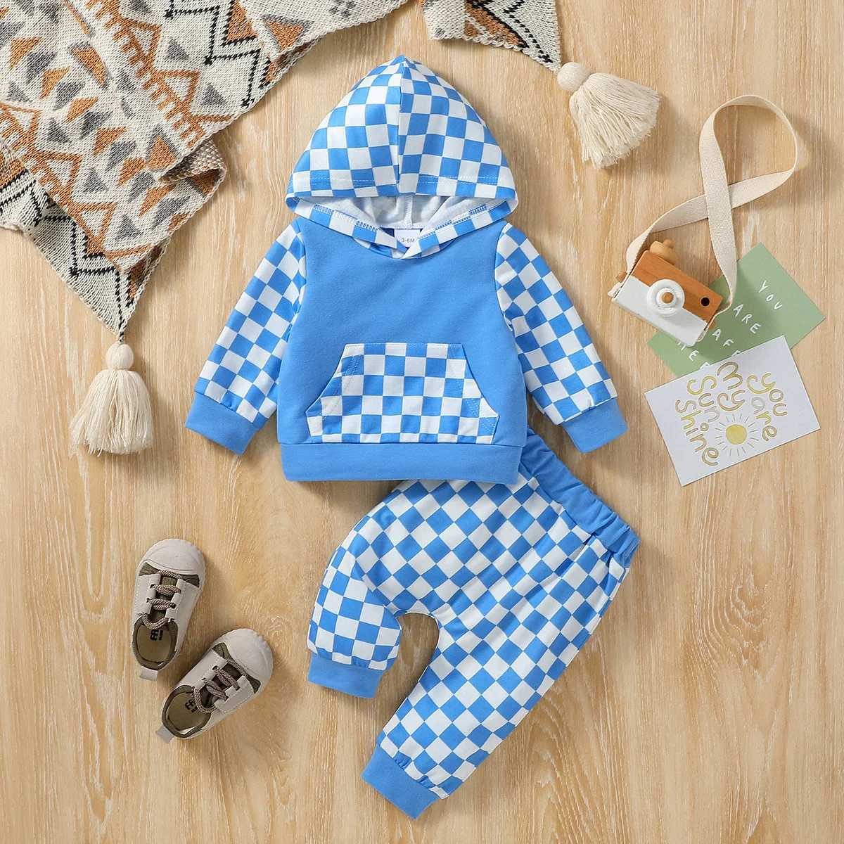 Clothing Sets 2024 New Baby Boys Long Sleeve Hooded Plaid Sweatshirt +Pant For Fall sporty Style Clothing Set H241126
