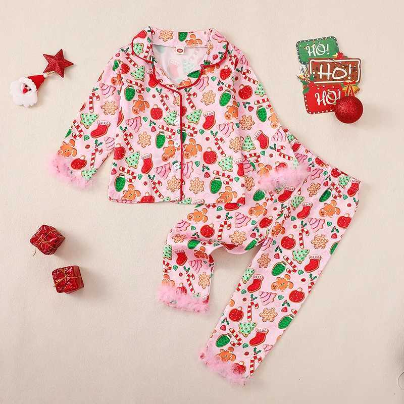 Clothing Sets Kids Girls Adorable Christmas Pajama Set Feathers Trim Loungwear Printed Long Sleeve Lapel Neck Tops and Long Pants 2PCS Outfits H241126