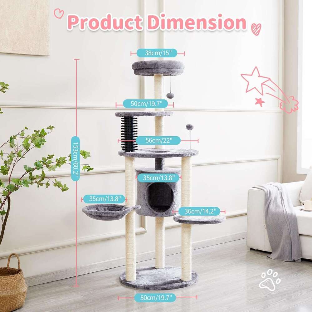 Made4Pets Cat Tree for Indoor Cats, 60.2-inch Large Cat Tower, with Soft Hammock, 5-Level Tall Cat Condo, Sisal Scratch Posts, Fluffy Ball, 3-7days de