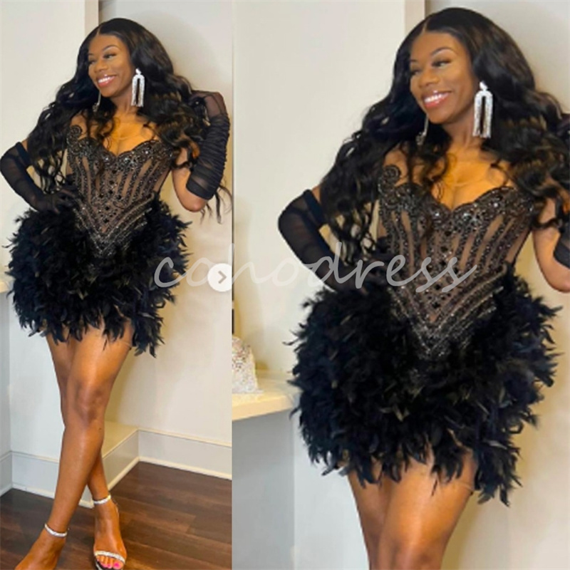 Sexy Black Baddie Prom Dresses With Feather Beaded Crystal Short Evening Dress Black Girls Cocktail Birthday Party Diamond Homecoming Dress Vestio De 