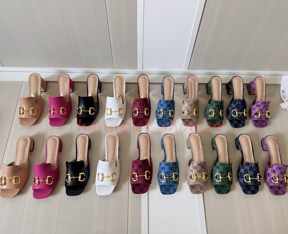 Luxury Women High Heel Shoes Leather Canvas Slippers Gold metal buckle Square heel Slides Designer Slippers for women