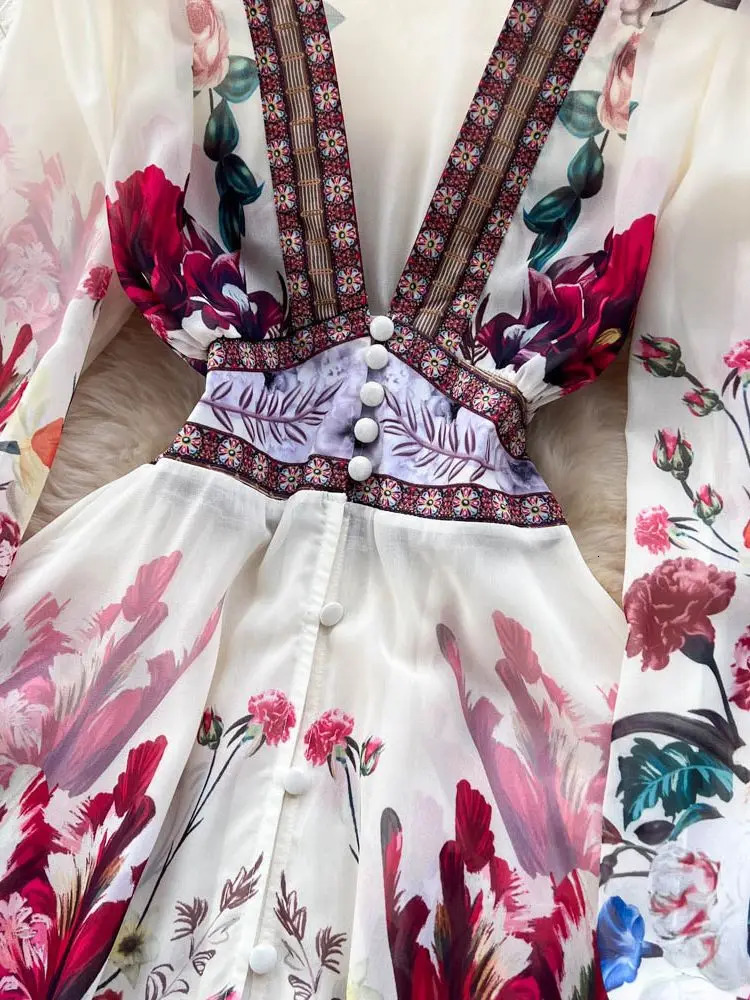 Fashion Runway Gorgeous Flower Chiffon Cascading Ruffles Dress Women Deep V Neck Long Sleeve Floral Print Boho Robe Vestido 241112