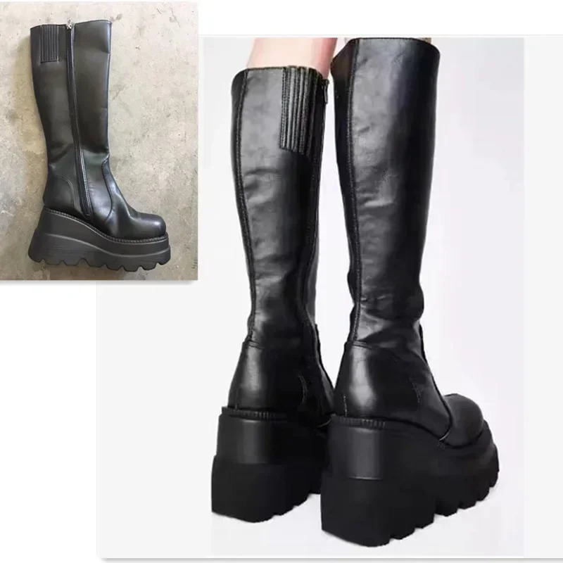 Punk Women Platform Boots Elastic Microfiber Chunky Heel Mid-calf Ladies Boots Spring Autumn Black Goth Women Shoes 241114