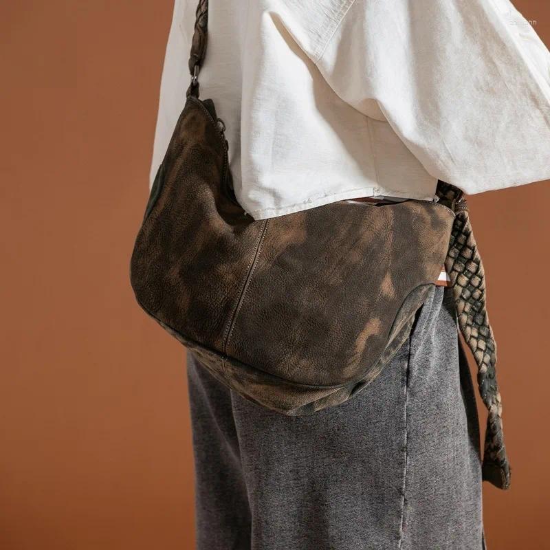 Totes Niche Design Original Retro Washed Bag Hand-woven Shoulder Strap Spliced Cowhide One-shoulder Cross-body Tote For Women zhanyishengli