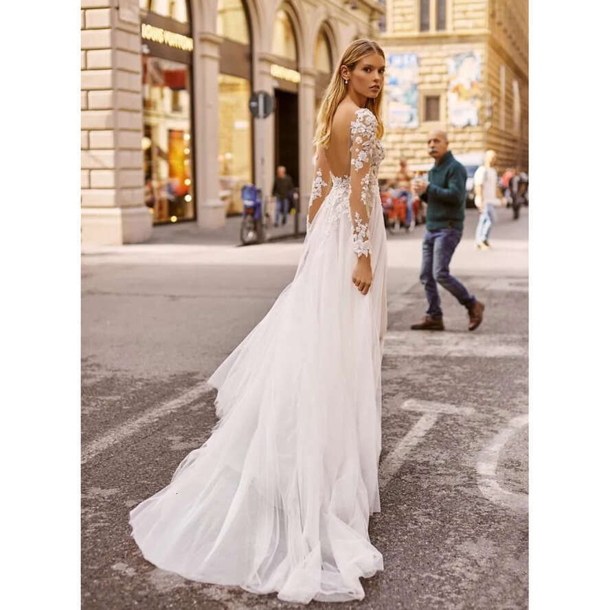 Berta Wedding Dresses Sheer Appliqued Long Sleeves Lace Bridal Gown Backless High Split Ruffle Sweep Train Robes De Mariee