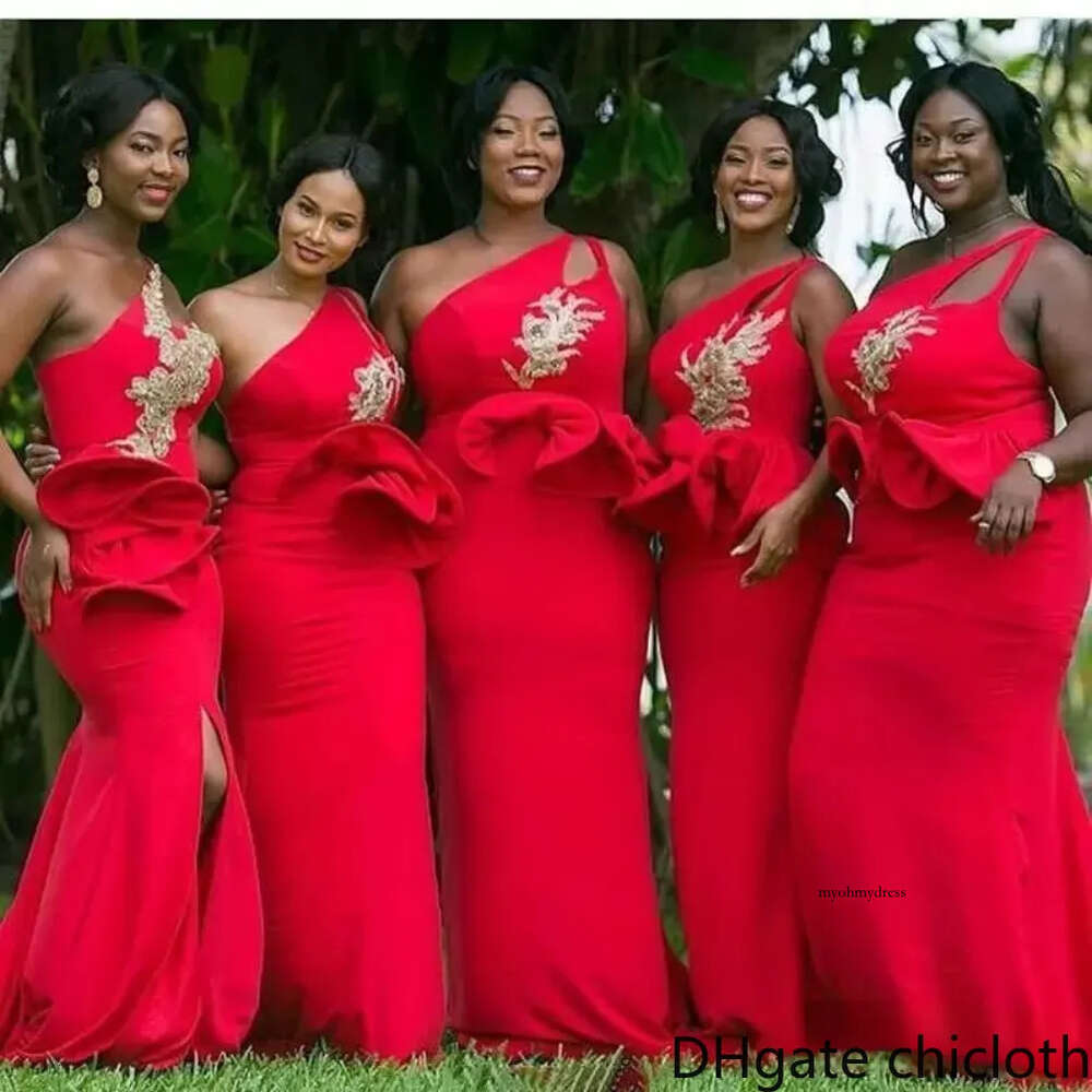 NEW Red One Shoulder Mermaid African Dresses Ruffles Waist Appliques Beaded Gold Bridesmaid Dress Plus Size Wedding Guest Gown 2024