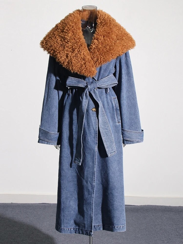 Colorblock Patchwork Lace Up Denim Coat For Women Fur Collar Long Sleeve Loose Casual Trench Female Fashion Style