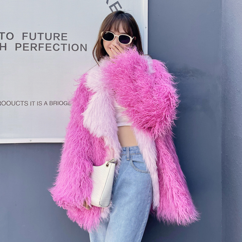 Women's Fur European and American fur imitation beach wool medium long Toka lapel peach pink fur spliced lamb wool jacket