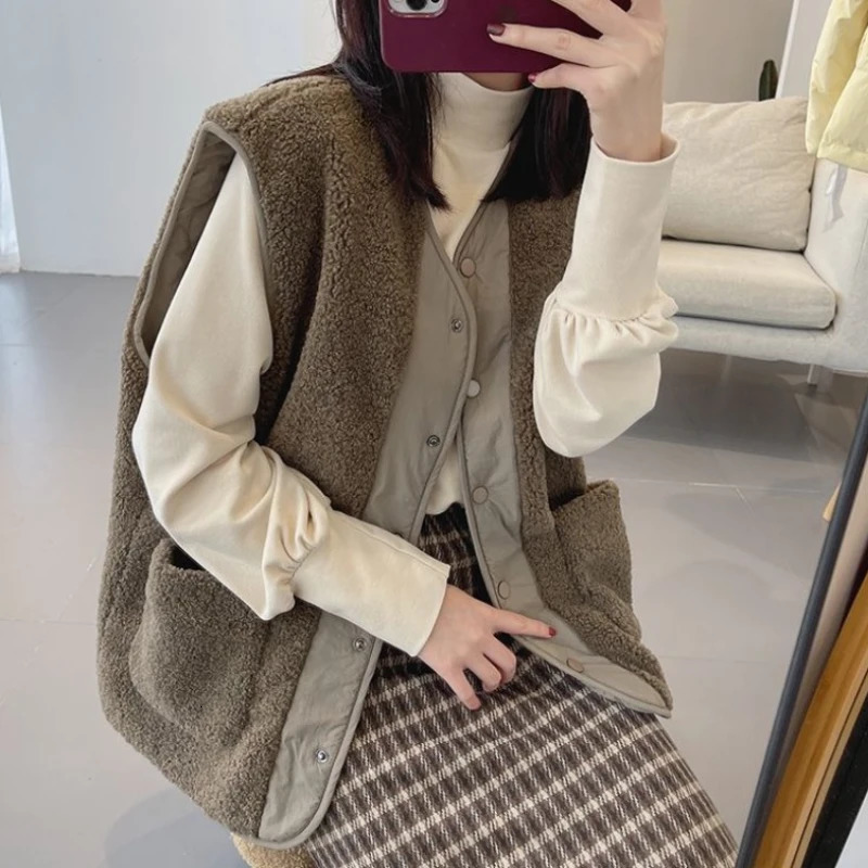 Lambswool vest spring and autumn double-sided solid loose fit fully matched sleeveless casual style simple Korean style 241126