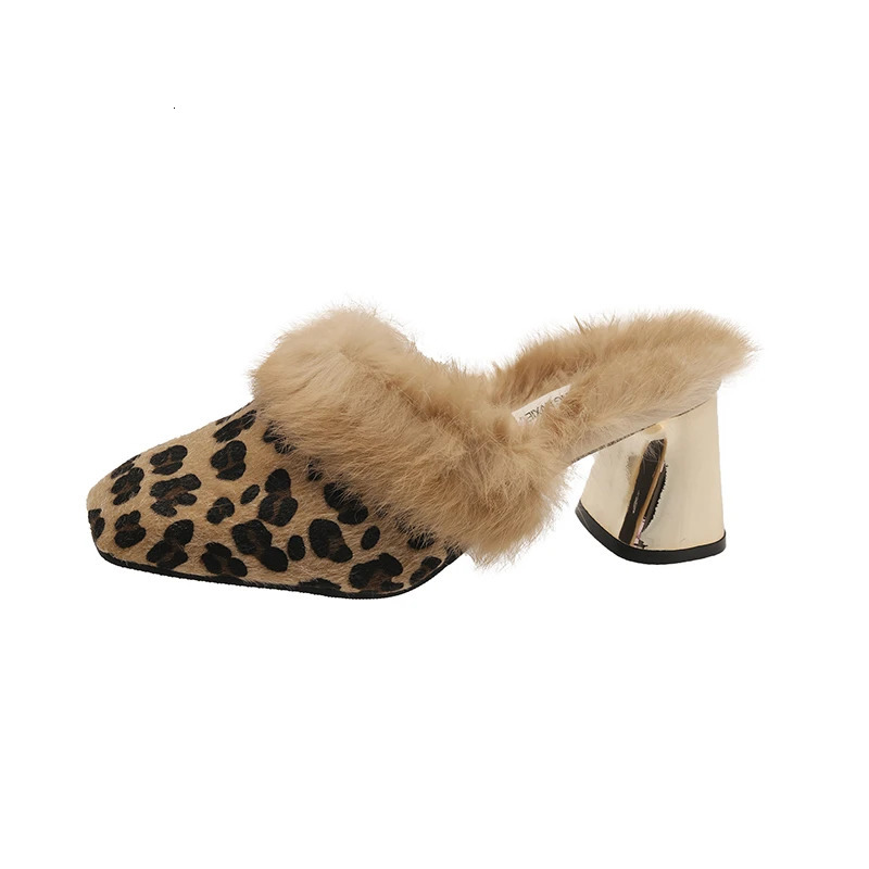 Winter Women Fur Mules Slippers Fashion Thick Heel Slides Ladies Outdoor Warm Cotton Shoes 241126