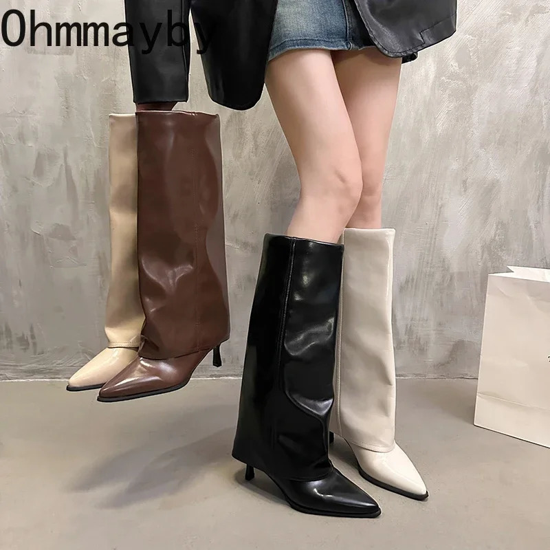 Street Style Women Knee High Boots Fashion Pointed Toe Long Booties Thin High Heels Autumn Winter Shoes 241126
