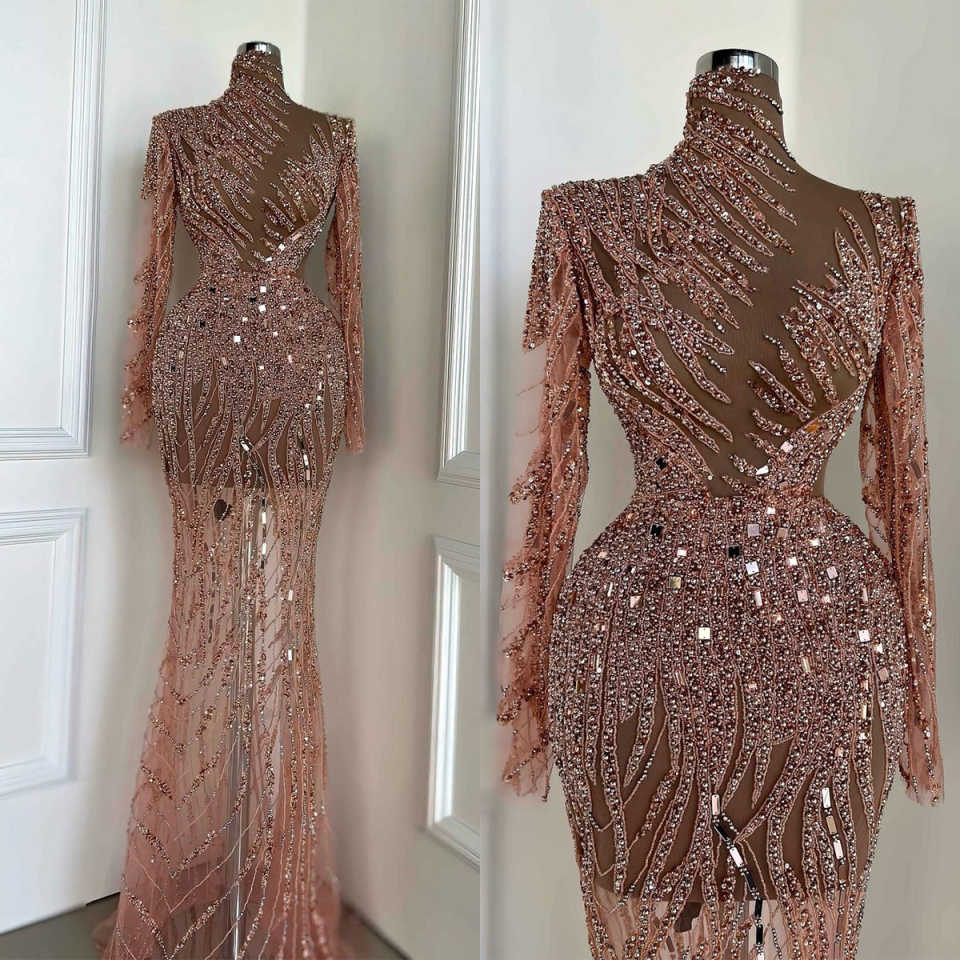 Mermaid Evening Dresses For Women Sequins See Through Gown High Collar Long Sleeves Customized Dress Party Prom