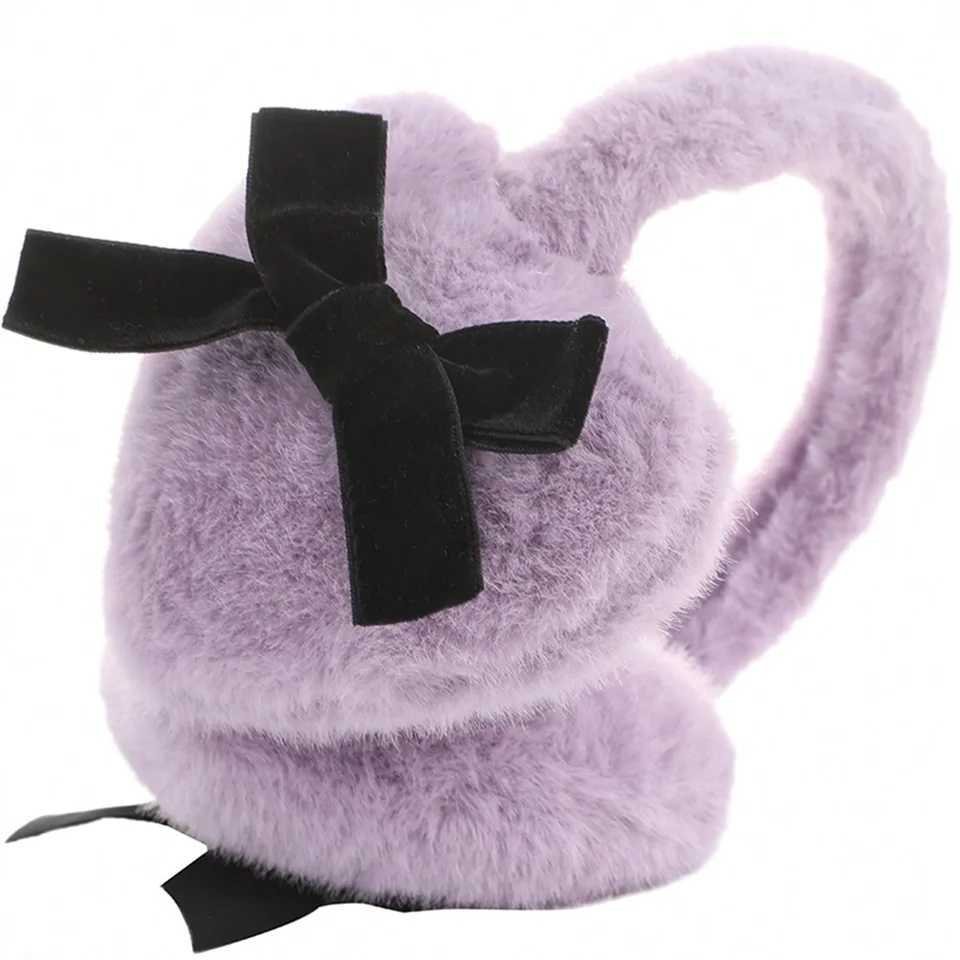 Women Solid Color With Black Bow Fluffy Cute Heart shed Ear Warmer Earmuffs ldeal For WinterXJ241126