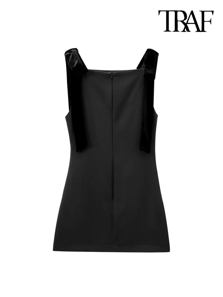 TRAF Womens Comparison Velvet Bow Mini Dress Straight Neck Back Zipper Womens Dress Sexy and Fashionable 241125