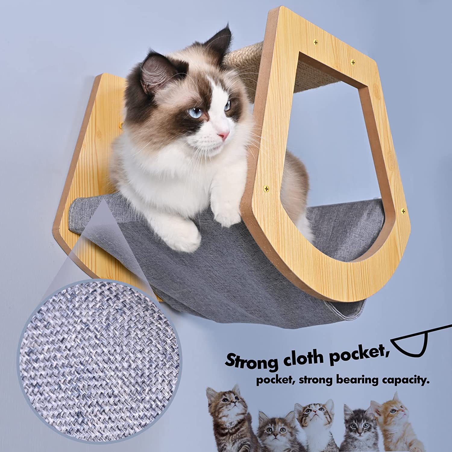 Wooden cat house A wall-mounted cat bed in a wooden habitat