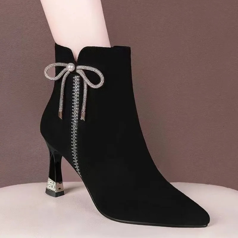 2024 Shoes for Women Zipper Winter Womens Boots Pointed Toe Flock Plush Butterfly-knot Sequins High Heels Fashion Boots 241126