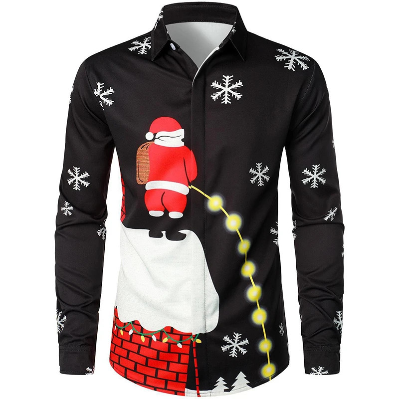 Santa Claus Mens Graphic Shirt Casual Retro 3D Printed Long Sleeve Holiday Party Clothing Y2k Top 241126