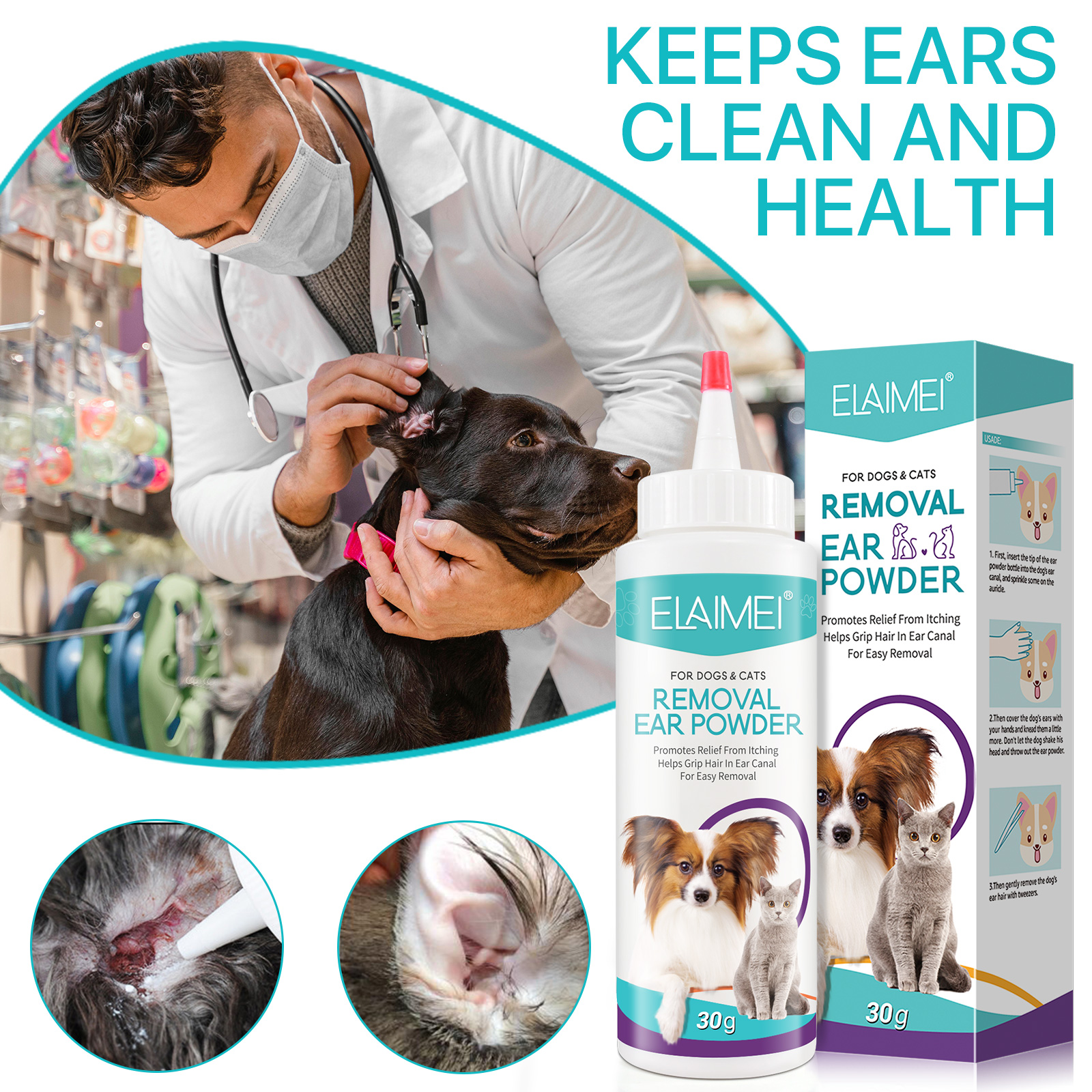 ELAIMEI Professional Dog Cat Pet Ear Cleaning Ear Washing Powder To Remove Ear Hair