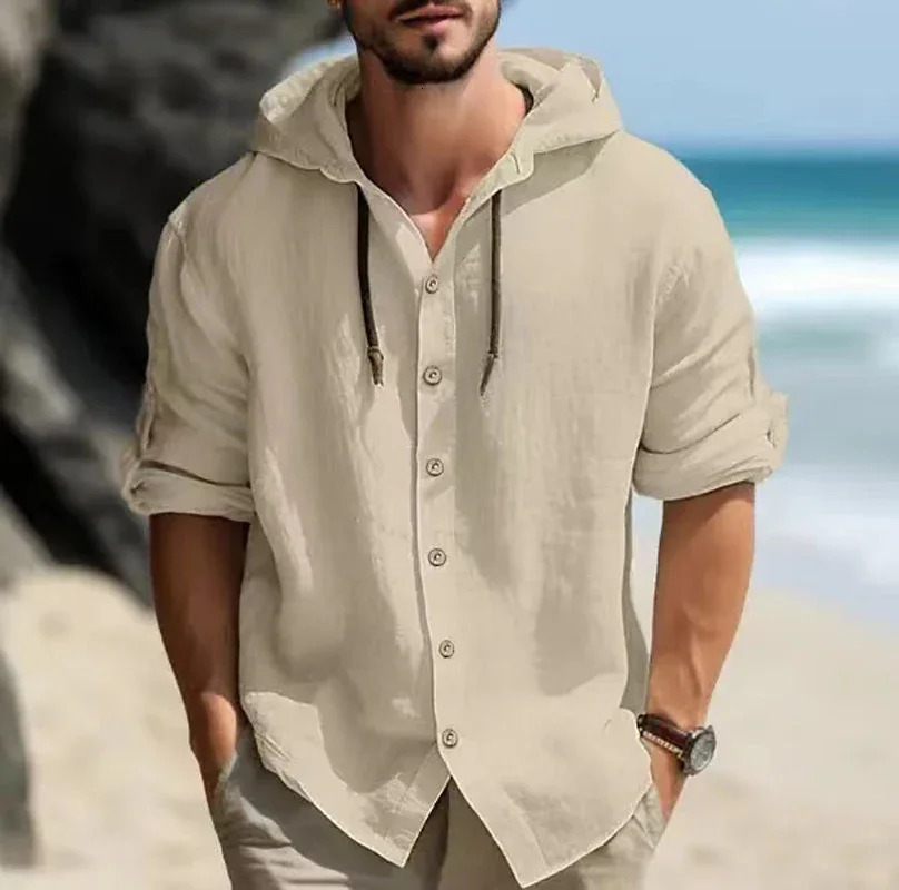 Summer mens linen shirt solid street clothing long sleeved hooded cardigan mens casual loose button mens shirt 241126