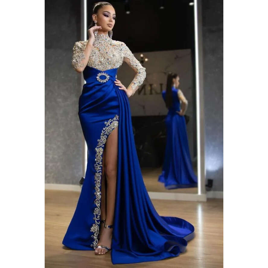 High Neck Vintage Evening Dresses Beaded Crystals Illusion Bodice Long Sleeves Split Formal Party Ocn Prom Gowns Arbaic Dubai Dress Bc