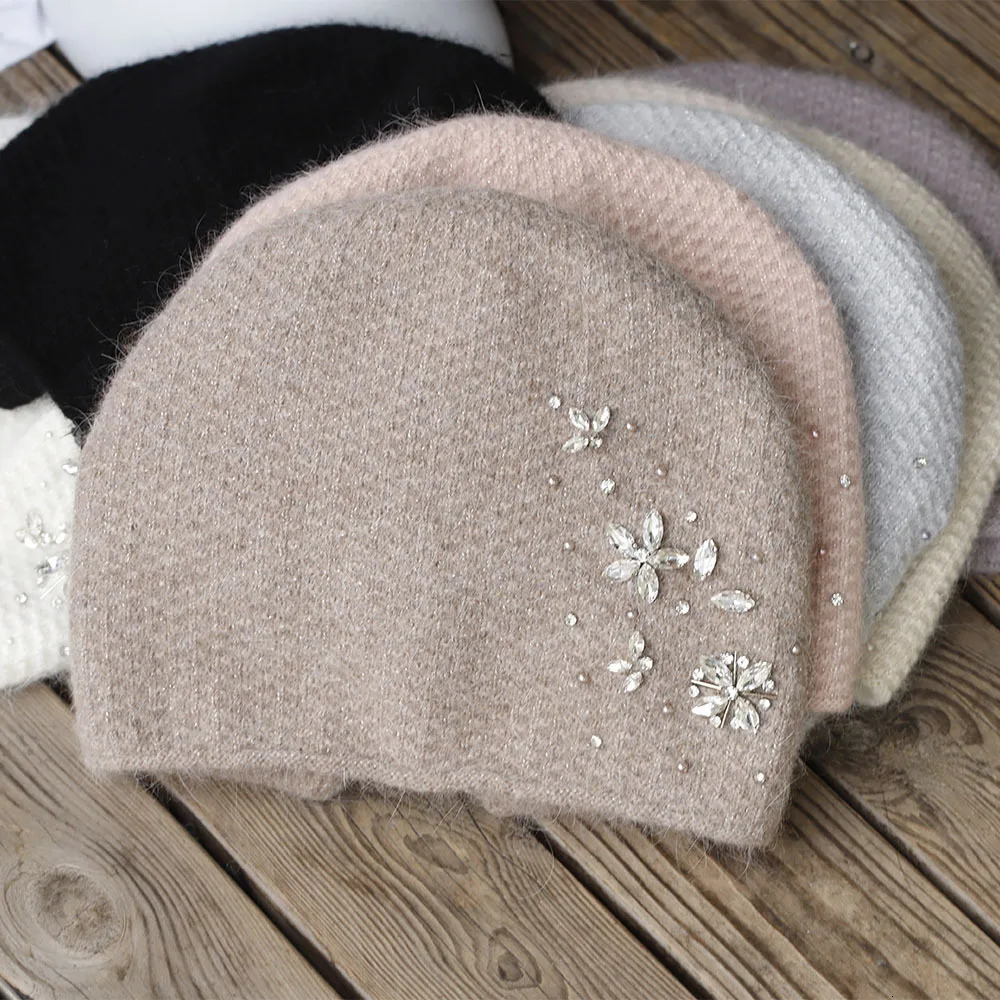 Winter Rabbit Fur Knitted Womens Hat High Quality Rhinestone Warm Thick Beanies Hat Versatile Ear Protection Hat 241126