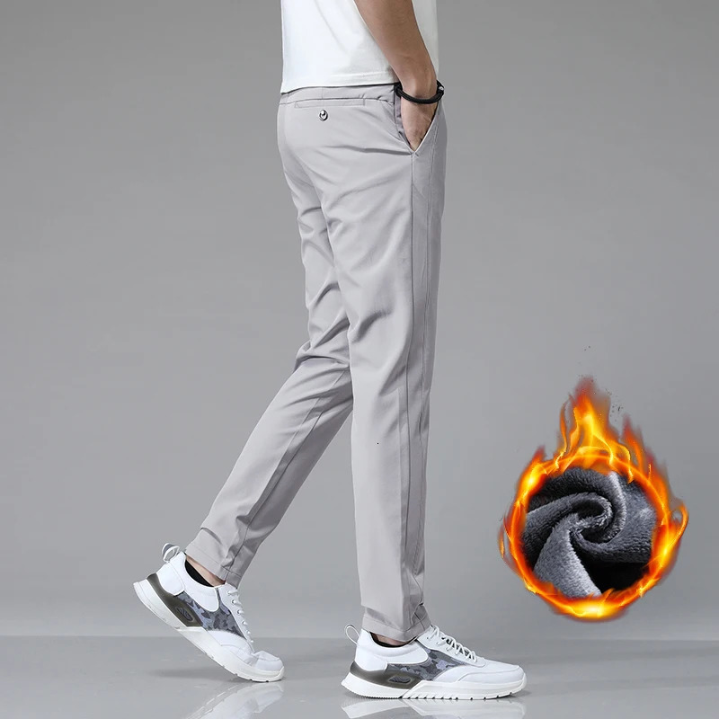 Korean Mens Warm Golf Pants Slim Straight Winter Thick Fleece Casual Pants Business Fashion Stretch Thermal Trousers Male 241126