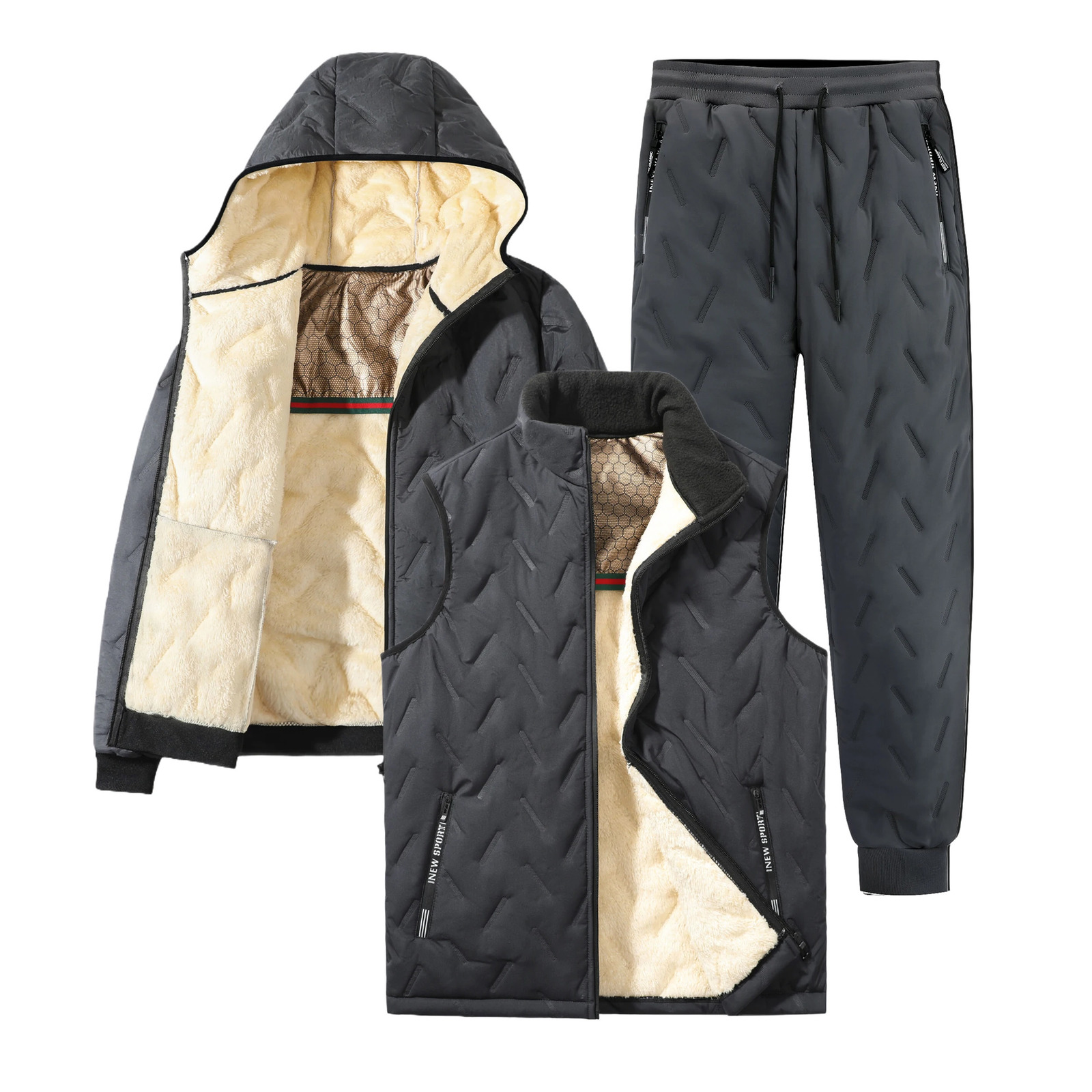 Winter wool mens track suit 3-piece set warm vest jacket pants graphene heating sports pants thick Plus size 8xl 241126