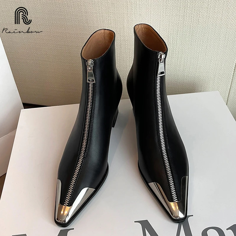 RAINBOW Size 34-39 Women Genuine Leather Ankle Chunky High Heel Pointed Toe Shoes Autumn Black Winter Boots Sexy Zippers