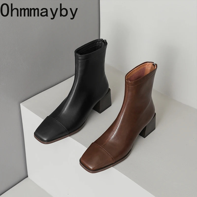 Retro Style Women Short Boots Fashion Back Zippers Ankle Booties Square High Heels Autumn Winter Shoes 241114