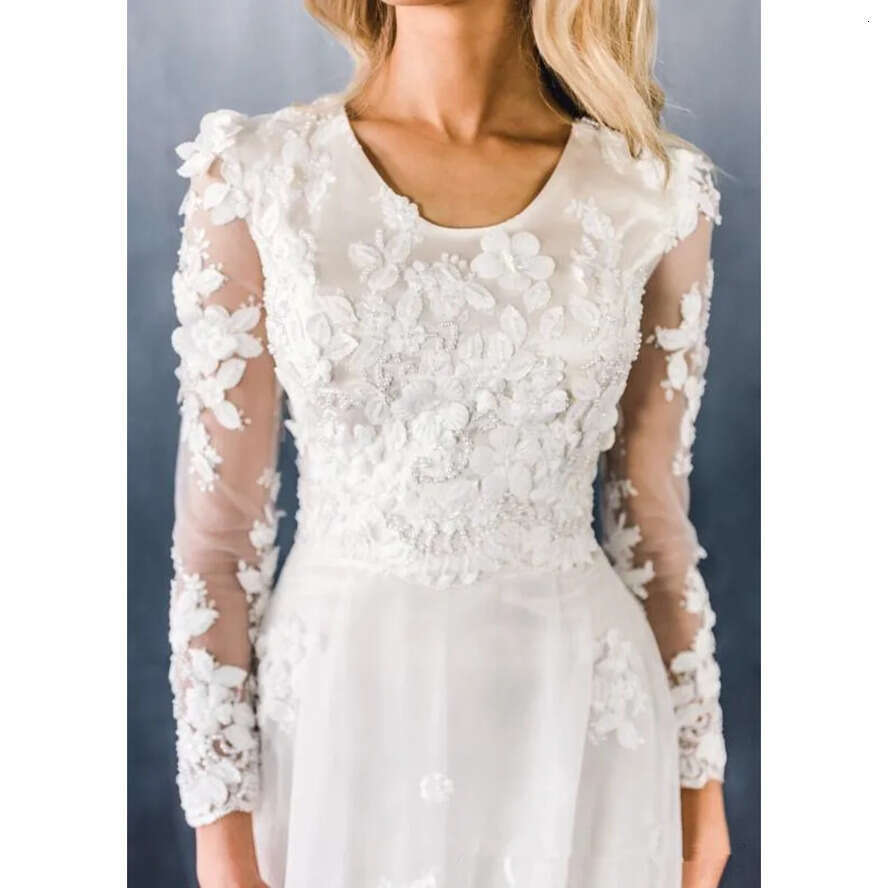 New Elegant A-E Modest Wedding Dresses With Long Sleeves Scoop Neck 3D Ral Lace Appliques Beaded Chapel Train Bridal Gowns