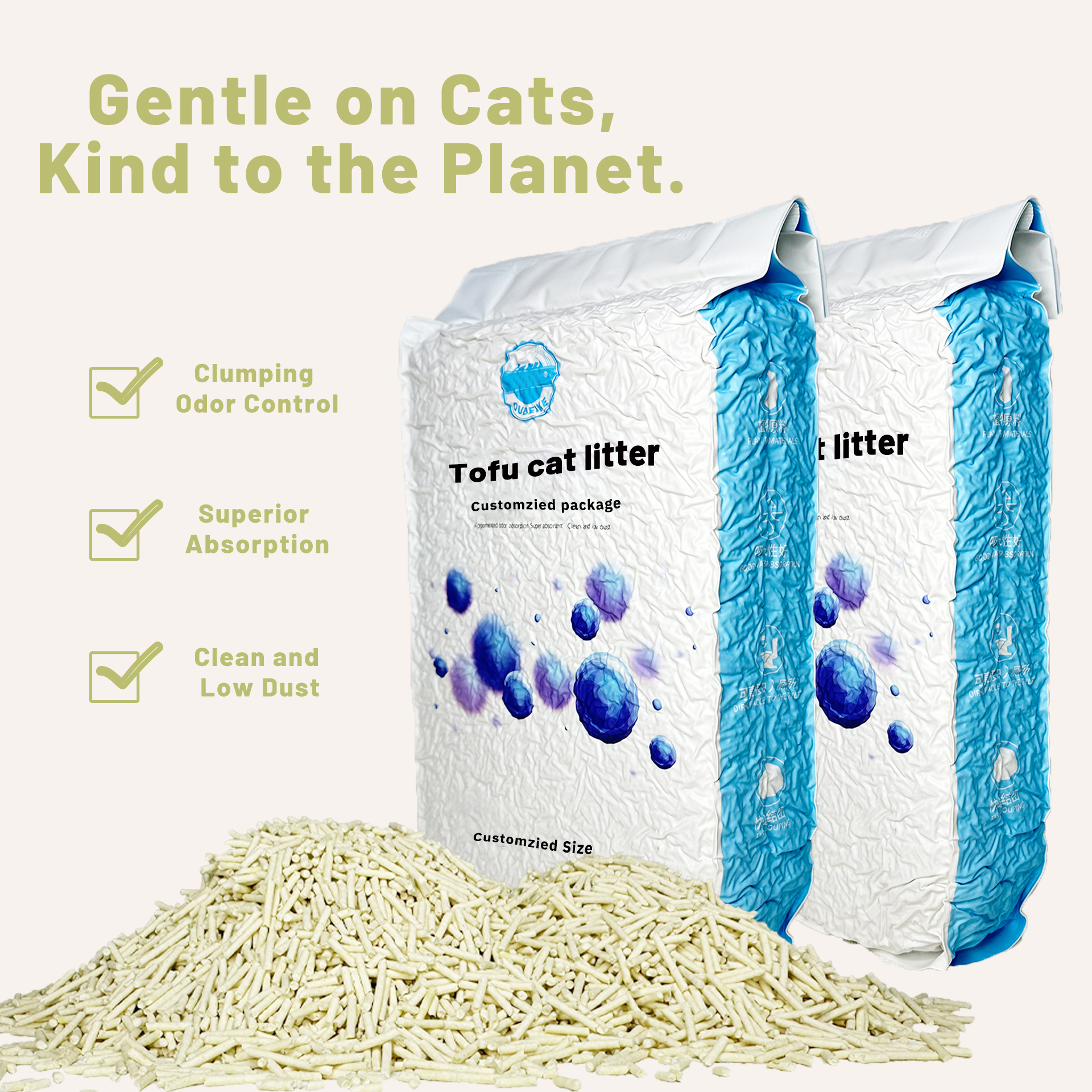 Manufacturer OEM Premium Easy Clean Plant Cat Sand Green Tea Scent 6l Eco Clean 2mm Stripe Shape Strong Clumping Tofu Cat Litter