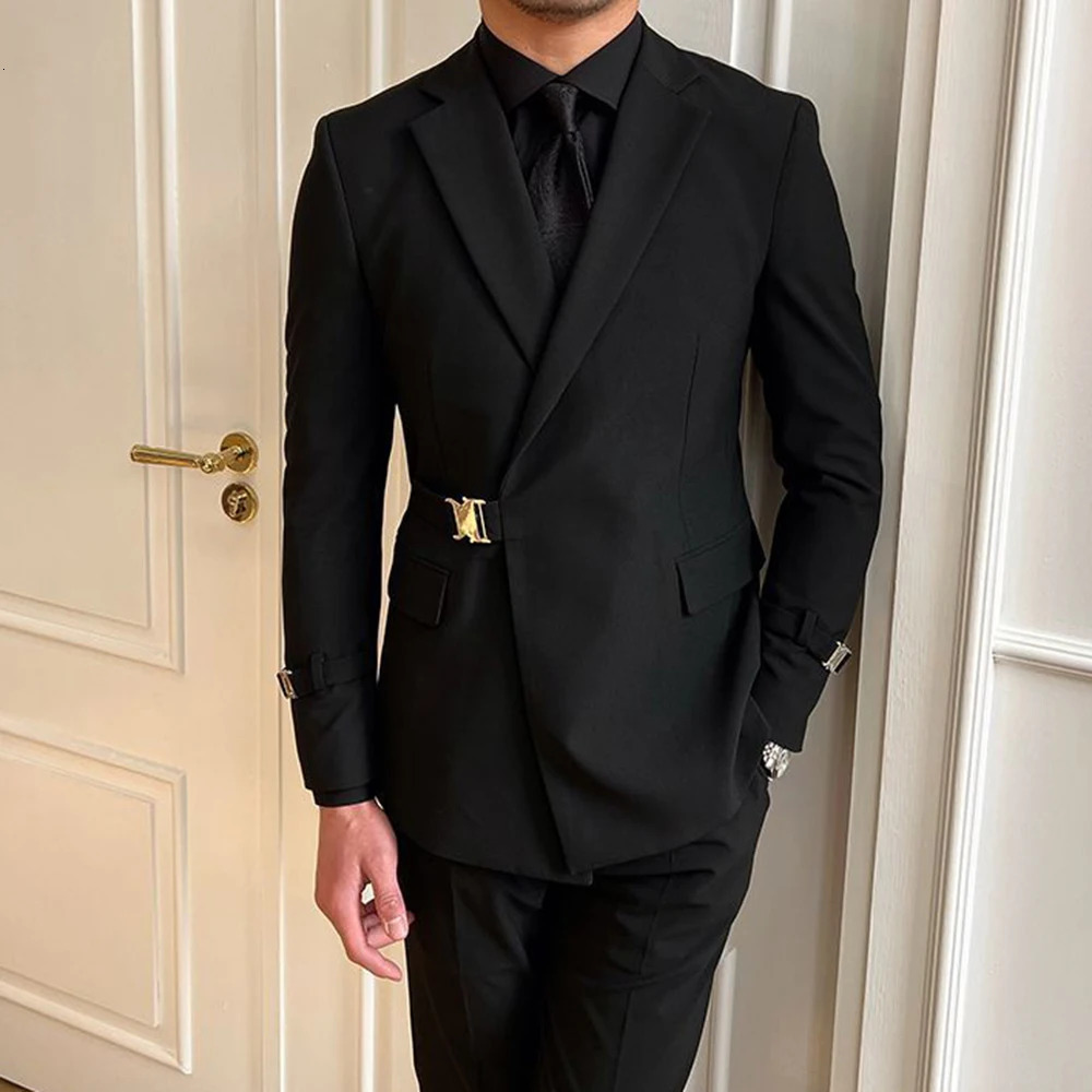 British style black suit jacket mens elegant gentleman business casual professional formal dress belt double chest 241126