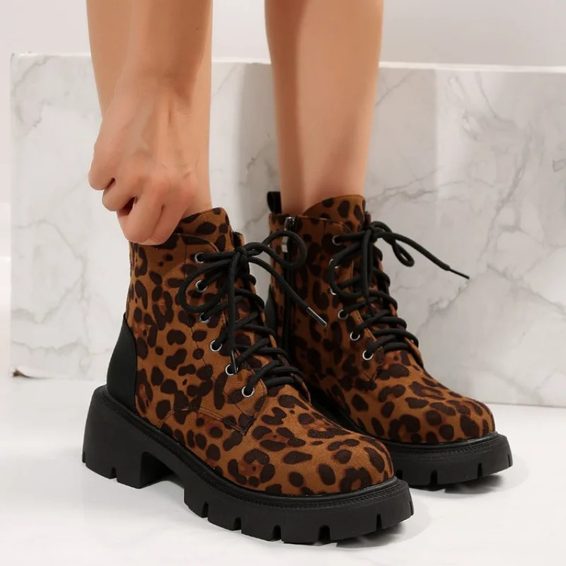 Shoes for Women Fashion Lace Up Women Boots Winter Round Toe Leopard Print Short Barrel Chunky Heels Zipper Plus Size Boots 241114