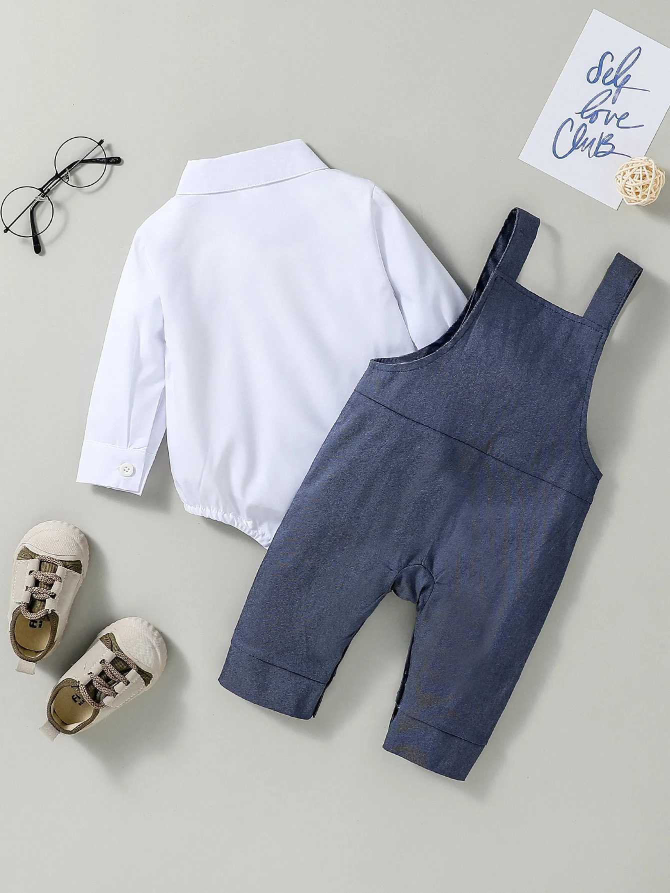 Clothing Sets Baby Set Boys Spring/Fall White Romper Turn-down Collar With Bow+ Suspender Overralls For Newborn-18M Outfits H241126