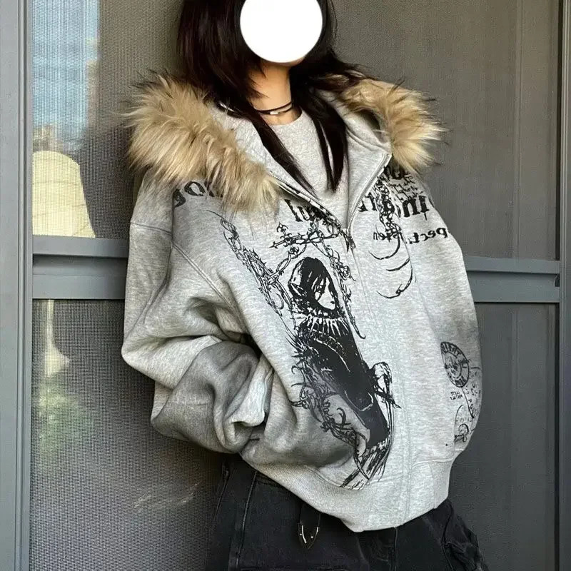 Y2K Neo Gothic Printed Hip Hop Fashion Elements Hoodie Loose Large Leather Collar Thick Coat Harajuku Jacket 241126