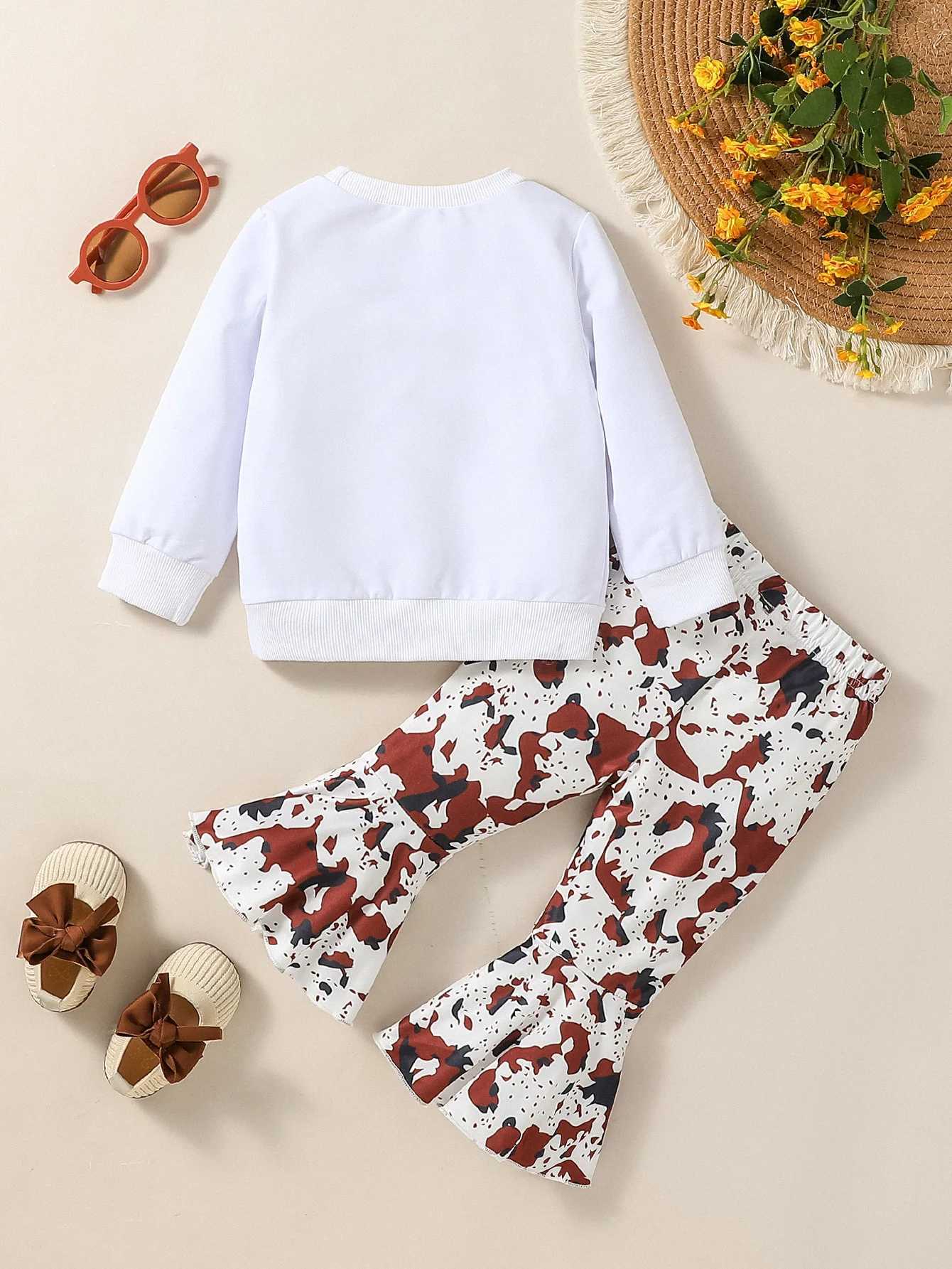 Clothing Sets Baby girl White antumn casual chic bow printing two pieces with Long sleeves and Pantsuit For 6M-3Y Clothing H241126